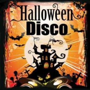 Halloween disco advert picture of bats and a castle